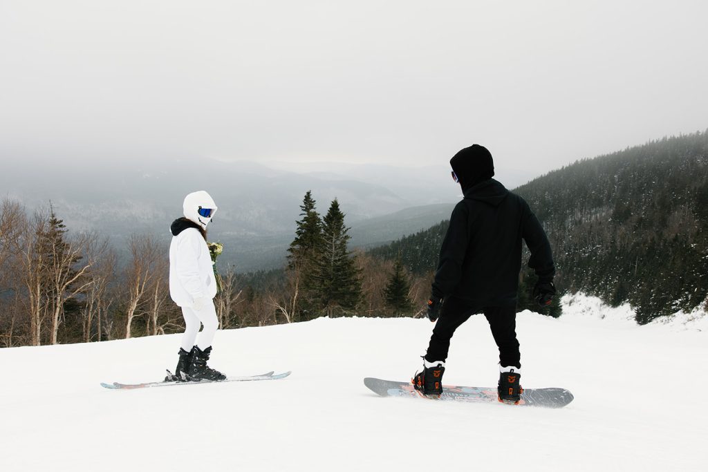 Skiing and snowboarding elopement at Waterville Valley in New Hampshire in the Winter.