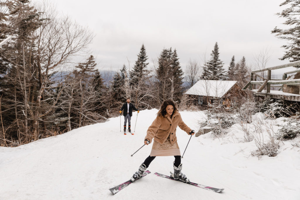 Bride and groom skiing at elopement