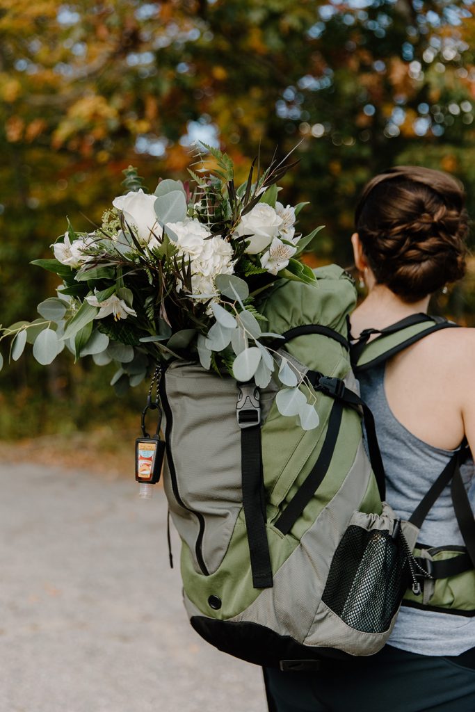 bouquet packed for elopement hike