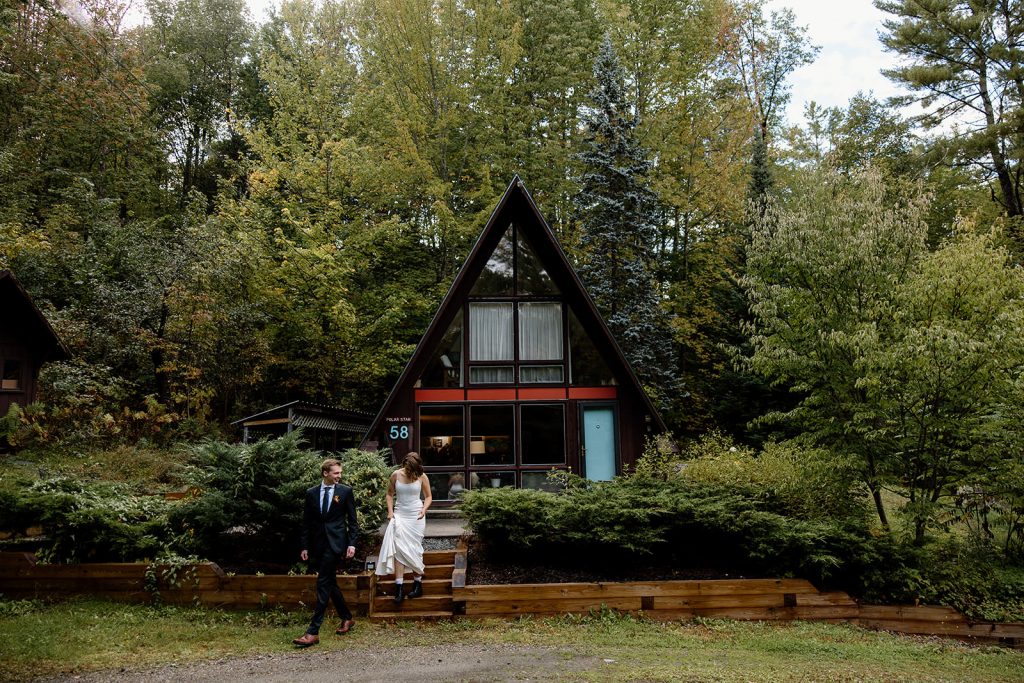 A-frame Airbnb with bride and groom