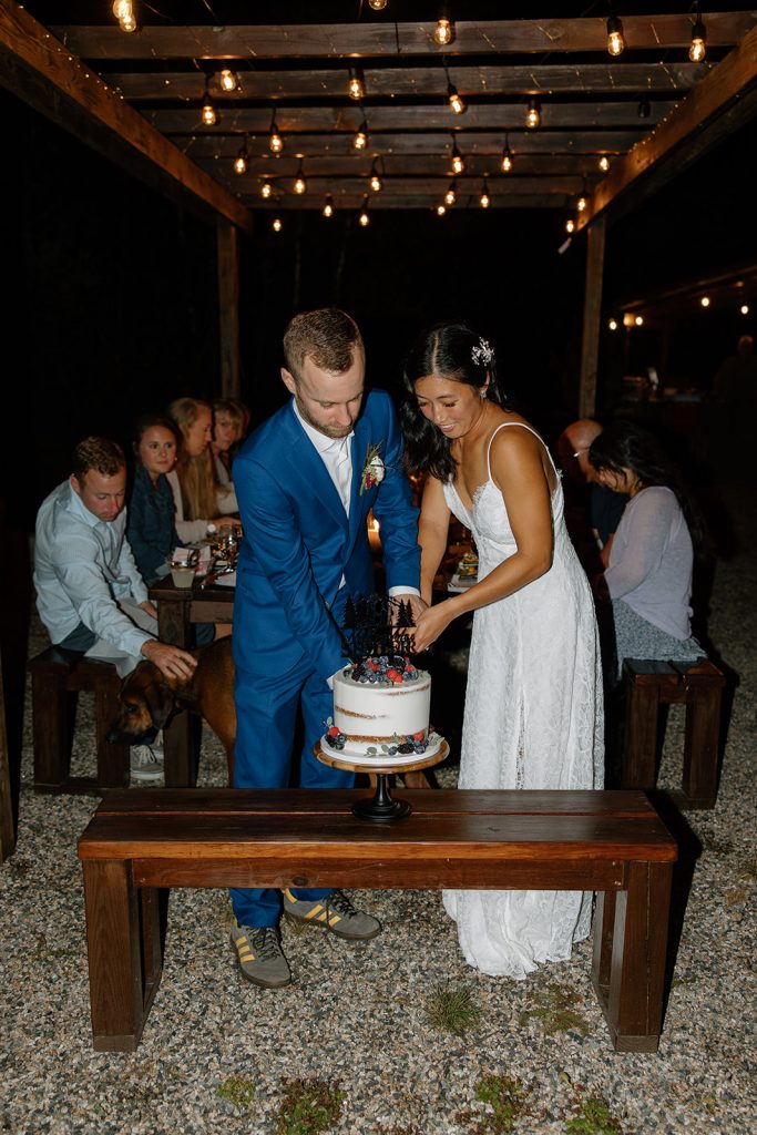 Bride and Groom cutting cake at Airbnb wedding reception