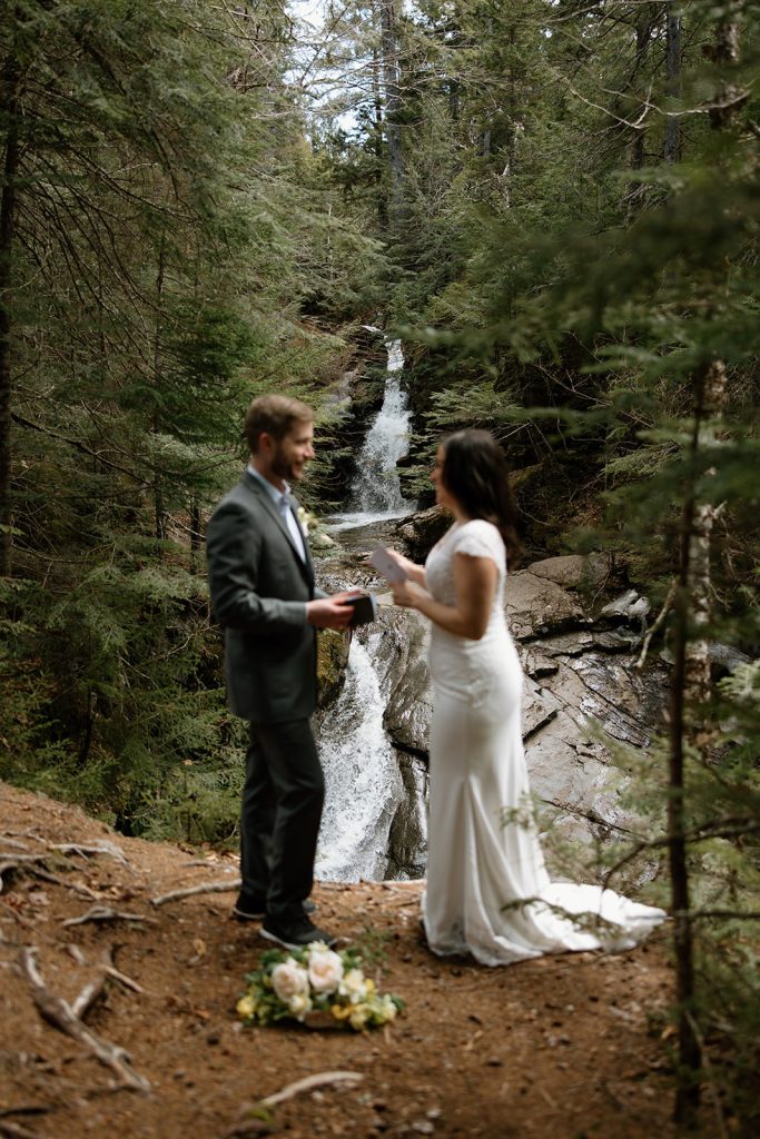 New Hampshire Fall Elopement in the Mountains by waterfall