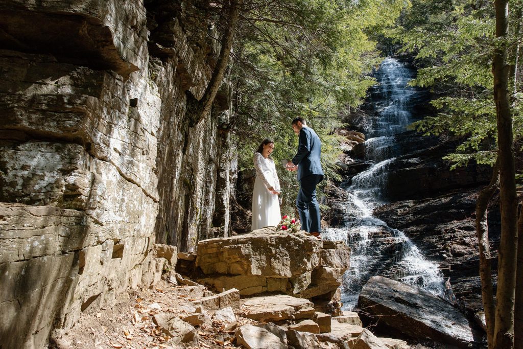 Vermont elopement at a waterfall in the Green Mountains. Vermont elopement photographer.