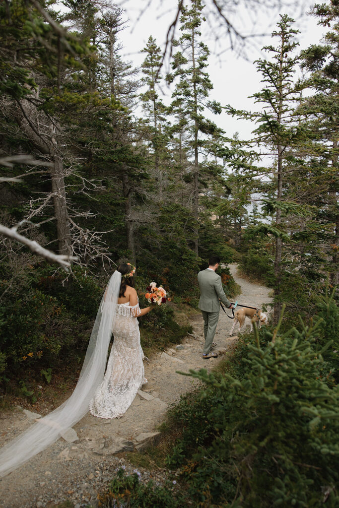 Bride and groom hiking on trail