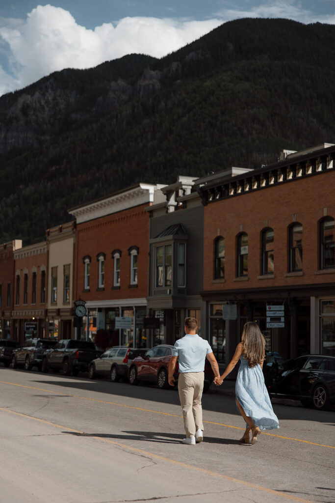 Downtown Telluride elopement in the San Juan Mountains, stopping at city hall and wandering downtown before elopement in the mountains.